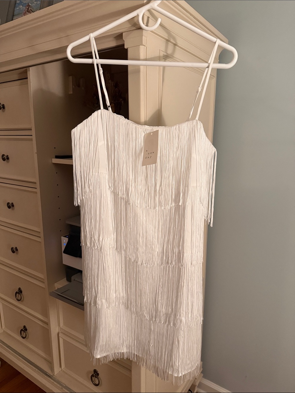 NWT White Fringe Spaghetti-Strap Dress